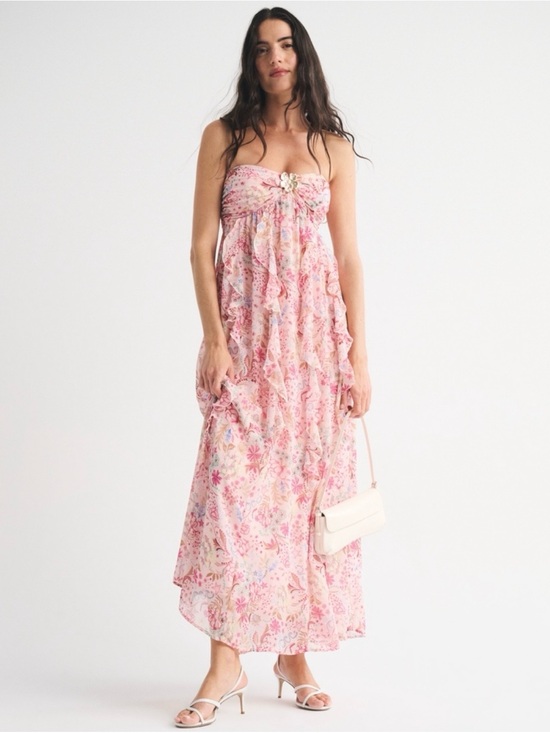 Abercrombie & Fitch Dresses & Skirts - Abercrombie & Fitch Pink Floral Ruffle Strapless Maxi Dress